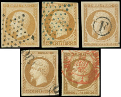 EMPIRE NON DENTELE - 13A/B 10c. Bistre, T I Et II, 5 Ex. Obl. Diverses Dont ETOILE Bleue, OR, Facteur Et Càd Rouge, TB. - 1853-1860 Napoleone III