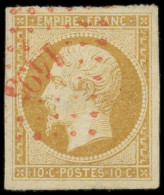 EMPIRE NON DENTELE - 13Ag 10c. Bistre-jaune, Obl. PC Rouge 1495, TB. C - 1853-1860 Napoleone III