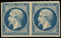 ** EMPIRE NON DENTELE - 14Aa 20c. Bleu Foncé, PAIRE, Un Ex. Grain Dans Le Papier, TB - 1853-1860 Napoleone III