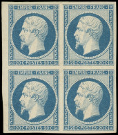 * EMPIRE NON DENTELE - 14A  20c. Bleu, T I, BLOC De 4 Petit Bdf, 1 Ex. **, TTB. J - 1853-1860 Napoléon III.