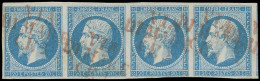 EMPIRE NON DENTELE - 14A  20c. Bleu BANDE De 4 (1 Ex. Clair) Obl. VIA/DI MARE/(E) En Rouge, TB. C - 1853-1860 Napoleon III