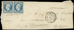 Let EMPIRE NON DENTELE - 14A  20c. Bleu, T I, PAIRE Non Obl. Sur Env., Càd (DS2) PARIS (DS2) 24/5/55, Arr. BRUXELLES Le  - 1849-1876: Période Classique