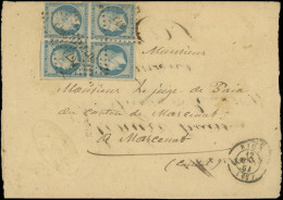 Let EMPIRE NON DENTELE - 14A  20c. Bleu, BLOC De 4 Déf., Obl. PC 2679 S. Env., Càd RIOM 12/7/54, REUTILISEE Au Départ De - 1849-1876: Periodo Classico