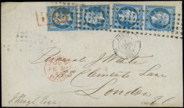 Let EMPIRE NON DENTELE - 14A  20c. Bleu, 2 PAIRES Obl. GROS POINTS CARRES S. Env., Càd PARIS 1/2/59, Arr. LONDON, TTB - 1849-1876: Klassik