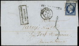 Let EMPIRE NON DENTELE - 14Ab 20c. Bleu-NOIR, Obl. PC 441 S. LAC, Càd BORDEAUX 9/6/56, "affrt Insuff.", Taxe 5 Au Tampon - 1849-1876: Klassik