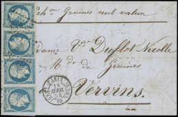 Let EMPIRE NON DENTELE - 15   25c. Bleu, 4 Ex. Dont 2 Déf., Obl. Los. DS2 S. LAC, Càd (DS2) PARIS (DS2) 18/4/54, 3e ECHE - 1849-1876: Classic Period