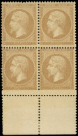 ** EMPIRE DENTELE - 21   10c. Bistre, BLOC De 4 Bdf, La Paire Sup. *, La Paire Inf. ** Avec Piquage DECALE, Timbres Plus - 1862 Napoleone III