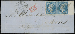 Let EMPIRE DENTELE - 22   20c. Bleu, PAIRE Bdf, Obl. Los. Bâton DS3 S. LAC, Càd PARIS D3 6/3/63, Arr. MONS, TB - 1849-1876: Periodo Classico