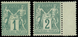 * TYPE SAGE - 61 Et 74, 1c. Vert Et 2c. Vert Bdf, N°61 Décentré, TB - 1876-1878 Sage (Type I)