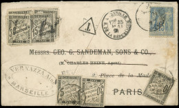 Let TYPE SAGE SUR LETTRES - N°90 15c. Bleu Obl. MARSEILLE 25/5/91 S. Env. Avec Réexpéditions Et Taxations Multiples, TB - 1877-1920: Semi-Moderne