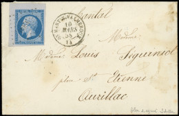 Let OBLITERATIONS PAR DEPARTEMENTS - 14/CANTAL N°14Ac 20c. Bleu S. Azuré, COIN De FEUILLE, Obl. PC 3200 S. Env., Càd T15 - 1849-1876: Classic Period