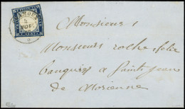 Let DUCHE DE SAVOIE - Oblitérations Sur Timbres Sardes N°12 20c. (timbre Plié Au Collage), Obl. Càd Sarde CHAMOUX 4/11/5 - 1849-1876: Klassik