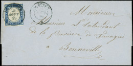 Let DUCHE DE SAVOIE - Oblitérations Sur Timbres Sardes N°12 Obl. Càd Sarde Bleu LA ROCHE 21/8/59 S. LSC, Arr. BONNEVILLE - 1849-1876: Période Classique