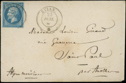 Let DUCHE DE SAVOIE - Oblitérations Sur Timbres Français N°14A Obl. Càd Sarde EVIAN 23/7/60 S. Env., TB - 1849-1876: Période Classique