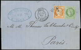 Let LETTRES DE PARIS - N°38 Et 53 Obl. ETOILE 2 S. LSC, Càd R. Milton 30/5/73, TRIPLE PORT Local, TTB - 1849-1876: Klassik