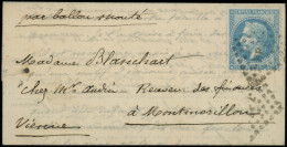 Let BALLONS MONTES - N°29B Obl. Amb. HP2e S. LAC Du 19/10/70, Arr. MONTMORILLON 3/11, PLI CONFIE Du GARIBALDI, Superbe - Krieg 1870