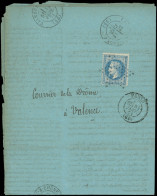 Let Guerre De 1870 -  N°29B Obl. Etoile S. Correspondance HAVAS (papier Bleuté), Càd PARIS 31/1/71, Arr. VALENCE-s-RHONE - War 1870