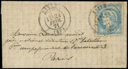 Let Guerre De 1870 -  N°44Aa 20c. Bleu Clair T I R I Inf. Froiss., Obl. Càd T17 LILLE 21/2/71 S. LAC De DAX Du 3/11/70,  - Guerre De 1870