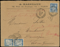 Let BUREAUX FRANCAIS A L'ETRANGER - Taxe 28 5c. Bleu, PAIRE Obl. Càd à L'arrivée à CONSTANTINOPLE 10/10/98 S. Env. Affr. - 1849-1876: Classic Period