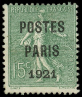 (*) PREOBLITERES - 28  15c. Vert-olive, POSTES PARIS 1921, TB - 1893-1947