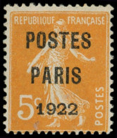 * PREOBLITERES - 30   5c. Orange, POSTES PARIS 1922, TB - 1893-1947