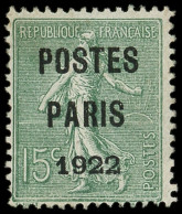 (*) PREOBLITERES - 31  15c. Vert-olive, POSTES PARIS 1922, TB. C - 1893-1947