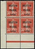 ** PREOBLITERES - 32  30c. Rouge, POSTES PARIS 1922, BLOC De 4 Cdf, Superbe. C Et Br - 1893-1947