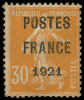 (*) PREOBLITERES - 35  30c. Orange, POSTES FRANCE 1921, Un Point De Faiblesse Dans Le Papier, Timbre RR, TB. S - 1893-1947