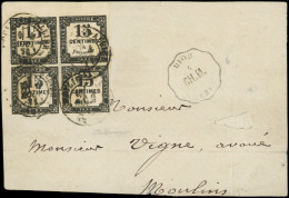 Let TAXE - 4   15c. Noir Litho, BLOC De 4 COIN De FEUILLE Obl. Càd T17 MOULINS S. ALLIER 4/8/71 S. Devant, à Côté Conv.  - 1859-1959 Cartas & Documentos