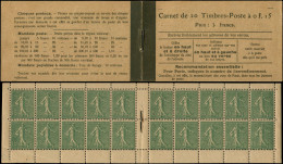 CARNETS (N° Yvert) - 130-C2    Semeuse Lignée, 15c. Vert-gris, T V, Carnet De 20 Sans Agrafe, Petits Défauts Sur 4 Bords - 1903-60 Säerin, Untergrund Schraffiert