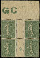 * VARIETES - 130j  Semeuse Lignée, 15c. Vert-gris, BLOC De 4 Mill.9, Manchette GC, Papier Gris-jaune, TB - Millésimes