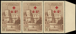 ** MONACO 205a : +1f. S. 50c. Brun, CROIX CASSEE Dans Une BANDE De 3, TB - Unused Stamps