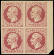 * ALLEMAGNE (ANCIENS ETATS) HANOVRE 17b : 1g. Lie De Vin, BLOC De 4 Bdf Avec N°6 Et 7, Inf. Craquelure S. Un Timbre, Fra - Hanovre