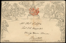 Let GRANDE BRETAGNE : Env. Mulready ONE PENNY Noir, Obl. Rosette Rouge, Càd 1/9/1840, TB - 1840 Mulready Envelopes & Lettersheets