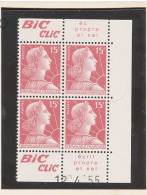 BANDE PUB -N°1011 -MARIANNE DE MULLER -BLOC DE 4 N**- PUB BIC (MAURY 276) -COIN DATÉ 12-4-55 - Unused Stamps