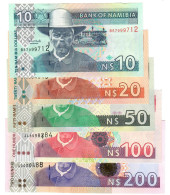 FULL SET Namibia 10, 20, 50, 100 & 200 Dollars 1996-2001 (2009) UNC - Namibië