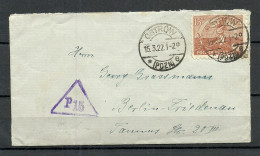 POLEN Poland 1922 O OSTROW Cover To Germany Berlin Michel 159 As Single Triangle Cancel P15 (Censor?) - Covers & Documents