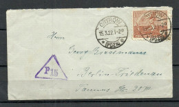 POLEN Poland 1922 O OSTROW Cover To Germany Berlin Michel 159 As Single Triangle Cancel P15 (Censor?) - Storia Postale