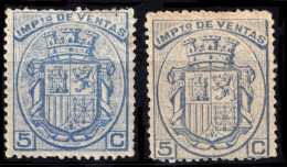 ESPAGNE / ESPANA / SPAIN - 1875/77 SELLOS "IMPUESTO DE VENTAS" Ed.1 & 1a 5c Azul Y 5c Ultramar - Nuevos Con Goma - Fiscaux