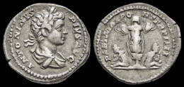 Caracalla  AR Denarius Trophy And Arms Flanked By Two Captives - The Severans (193 AD To 235 AD)