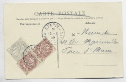 BLANC 1C+2C PAIRE T04 ETAPLES 13.8.1905  PAS DE CALAIS LEVEE CENTRALE 3E CARTE LE TOUQUET PARIS PLAGE - 1900-29 Blanc