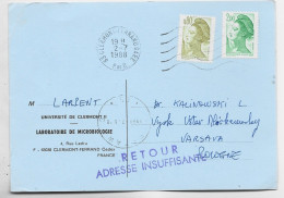 LIBERTE 2FR+80C CARTE LABORATOIRE MICROBIOLOGIE MEC CLERMONT GARE 2.7.1988 POUR POLOGNE POLAND + RETOUR - 1982-1990 Liberté De Gandon