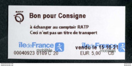Ticket De Métro De Paris 2021 "Bon Pour Consigne (à échanger Au Comptoir RATP)" - Europa