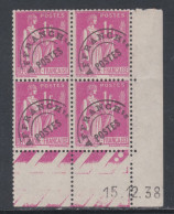 France Préoblitéré N° 76 Type Paix 1 F.  Rose  En Bloc De 4 Coin Daté Du 15 . 12 . 38  Sans Charnière, TB - Preobliterati