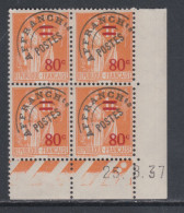 France Préoblitéré N° 74 Type Paix  80 C. Sur 1 F.  Orange En Bloc De 4 Coin Daté Du 25 . 8 . 37   Sans Charnière, TB - Voorafgestempeld