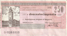 BANCONOTA MINIASSEGNO L.100 BP BERGAMO CIRC  (B_422 - [10] Scheck Und Mini-Scheck