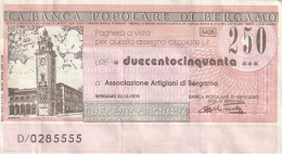 BANCONOTA MINIASSEGNO L.100 BP BERGAMO CIRC  (B_422 - [10] Cheques Y Mini-cheques