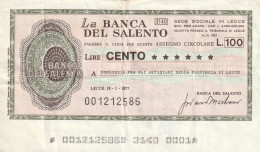 BANCONOTA MINIASSEGNO L.100 BANCA DEL SALENTO CIRC  (B_421 - [10] Assegni E Miniassegni