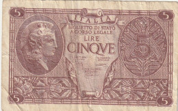 BANCONOTA ITALIA REGNO L.5 BIGLIETTO DI STATO 1944 VF  (B_378 - Italië– 5 Lire