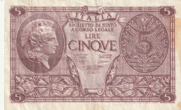 BANCONOTA ITALIA REGNO L.5 BIGLIETTO DI STATO 1944 VF  (B_377 - Italië– 5 Lire